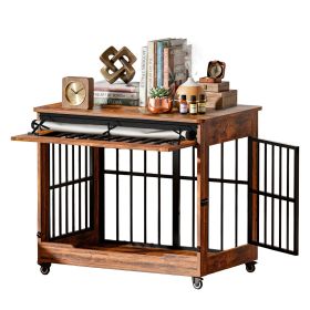 38" Dog Crate Furniture, Double Door Wooden Indoor Dog Kennel Furniture, Size L (Color: Brown)